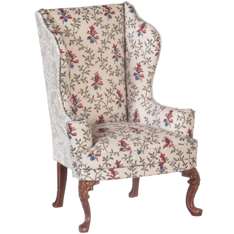 Dolls House Wing Back Armchair Cream Floral JBM Walnut Living Room Furniture