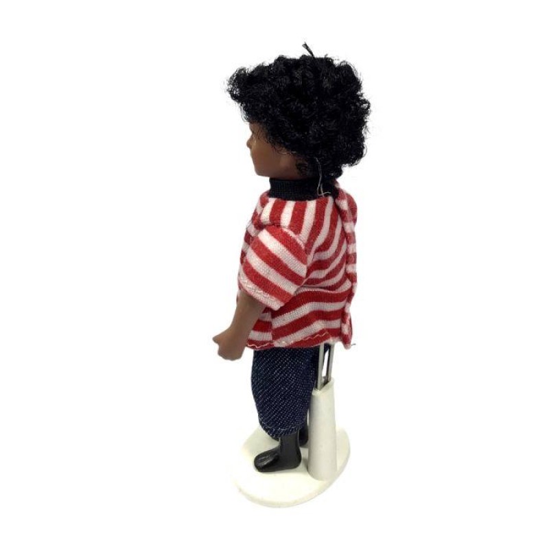 Dolls House Boy in Red Striped Top & Jeans Modern 1:12 Porcelain Doll People