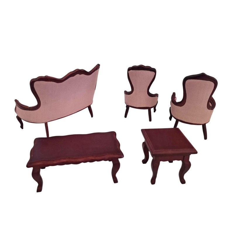 Dolls House Living Room Furniture Set Regency Style Mahogany & Pink 1:12 Suite