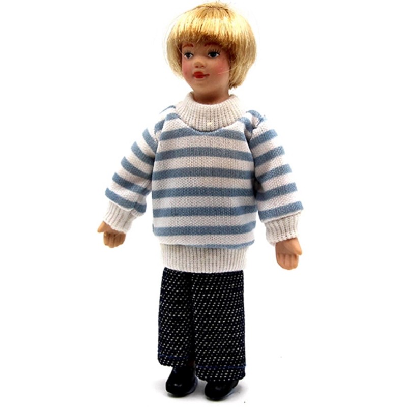 Dolls House Blonde Little Boy in Jeans Jumper Modern Doll 1:12 Porcelain People