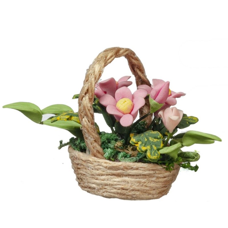 Dolls House Basket of Pink Flowers Floral Display 1:12 Home Garden Accessory