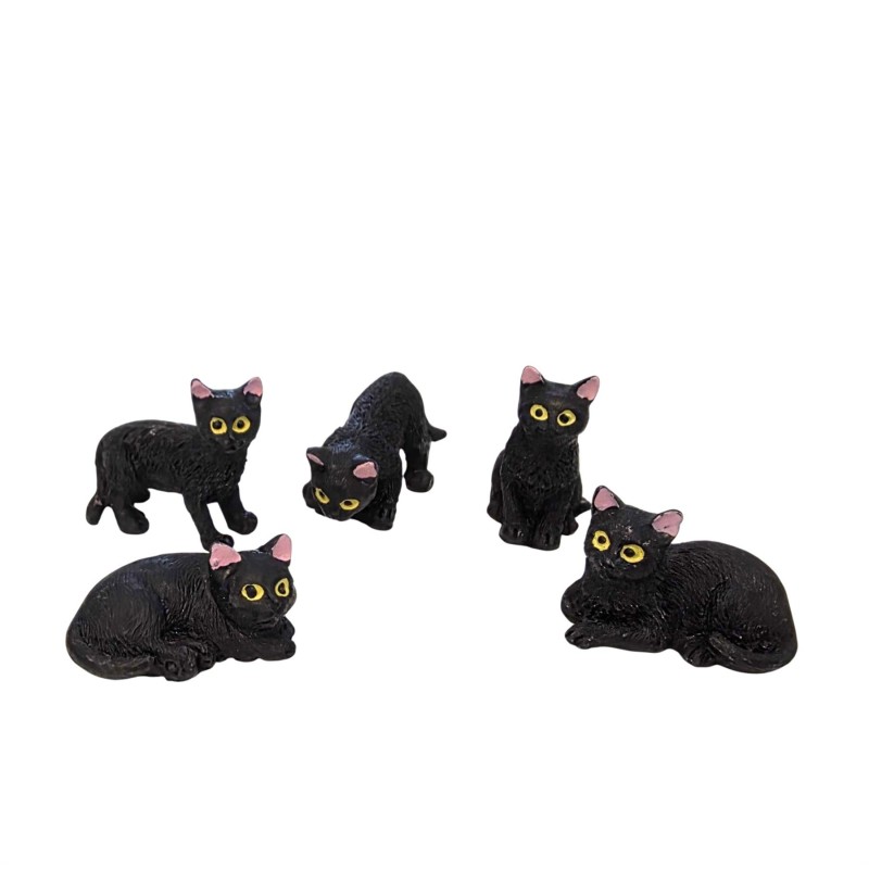 Dolls House 5 Black Cats Sitting Standing Lying 1:12 Pets Halloween Accessory
