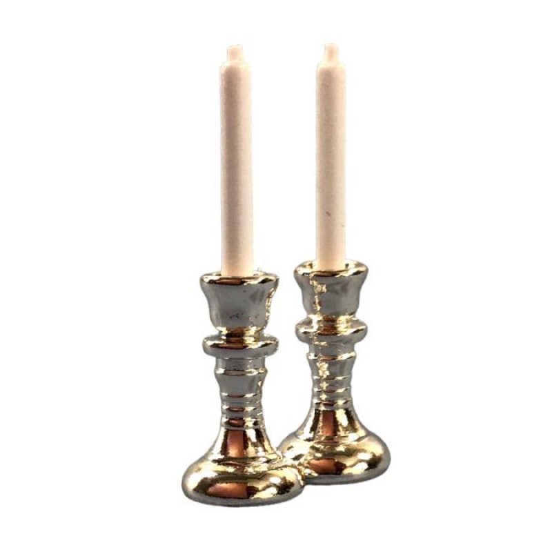 Dolls House Silver Candlesticks & White Candles Dining Ornament Accessory