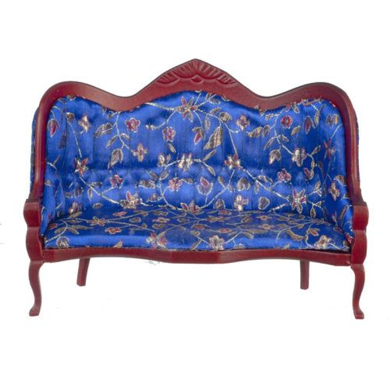 Dolls House High Back Victorian Sofa Mahogany Royal Blue Living Room Furniture