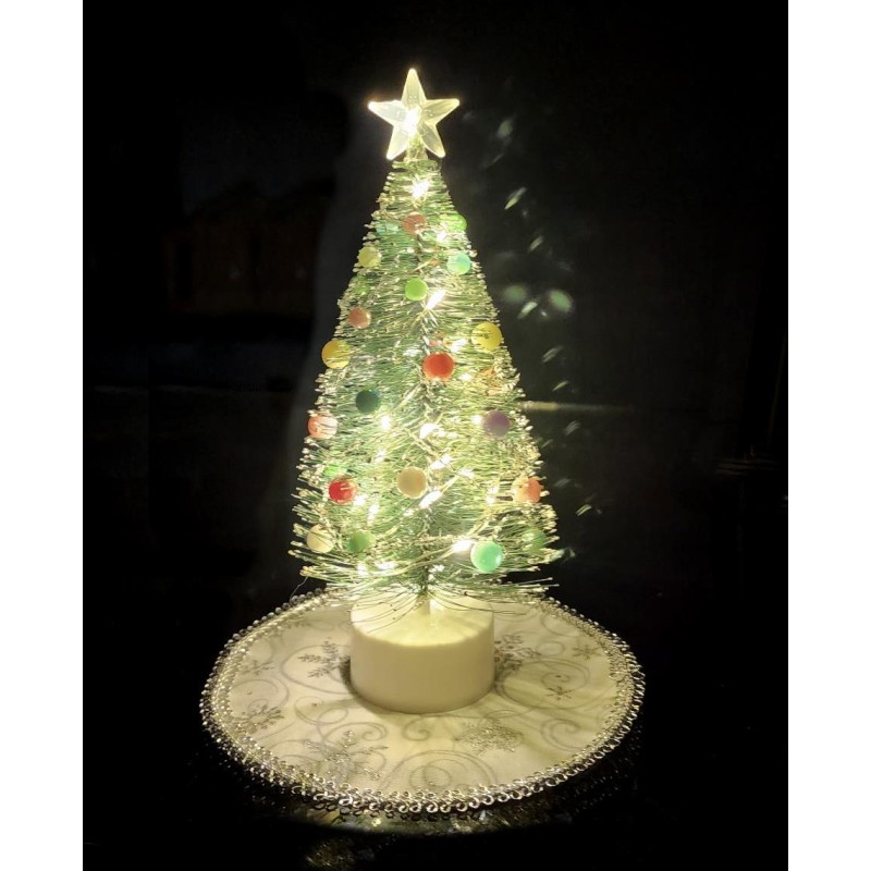 Dolls House Decorated Christmas Tree with 24 LED Lights & Silver & White Skirt