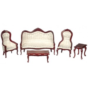 Dollhouse Miniature Living Room Settee White Satin Fabric with Walnut ~ CLA10942 