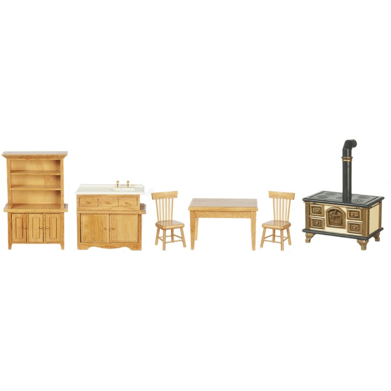 Dolls House Oak Kitchen Dining Room Furniture 6 Piece Set Miniature 1:12 Scale