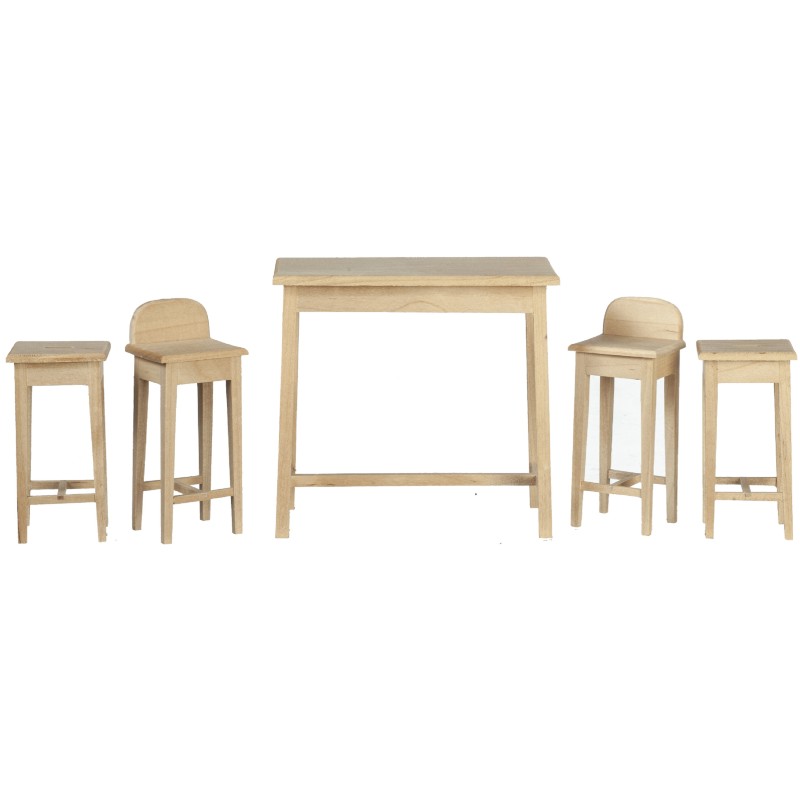 Dolls House Bare Wood Breakfast Table & 4 Stools Set Miniature Kitchen Furniture