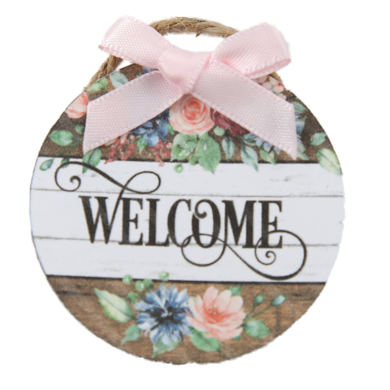 Dolls House "Welcome" Sign Wreath with Pink Bow Miniature Door Accessory 1:12