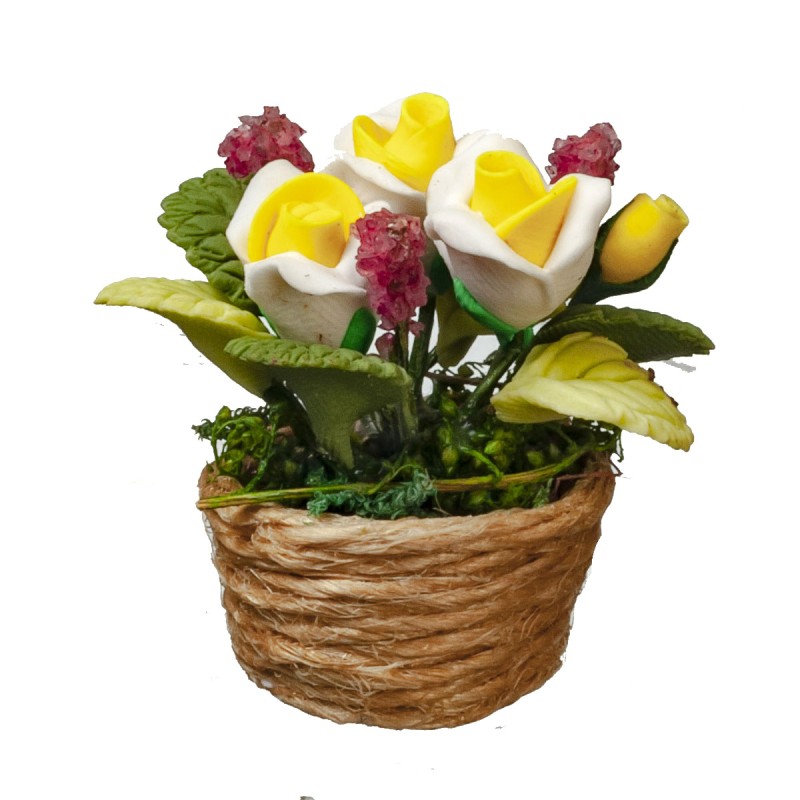 Dolls House Roses House Plant in Rope Basket Miniature Home Garden Accessory