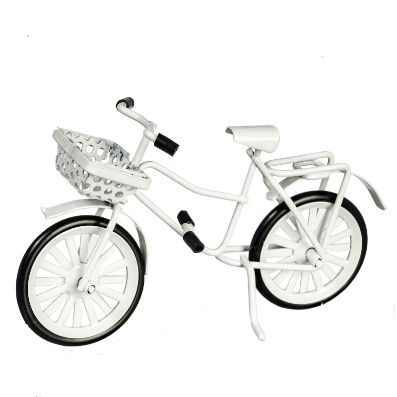 Dolls House White Bike Bicycle with Basket Miniature Garden Outdoor Accessory