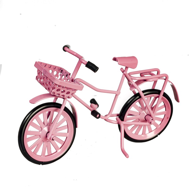 Dolls House Pink Bike Bicycle with Basket Miniature Garden Outdoor Accessory