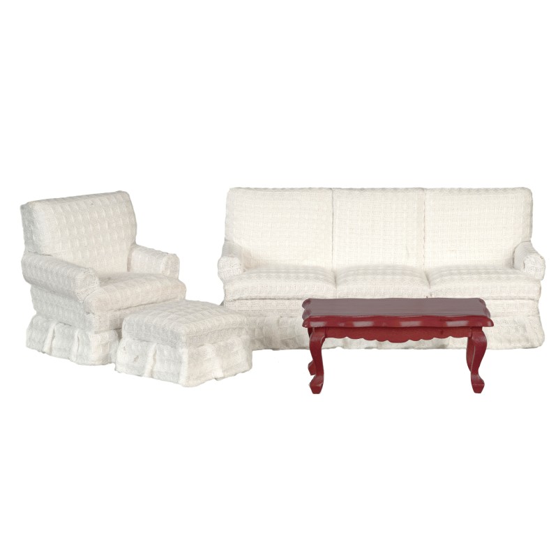 Dolls House White & Mahogany Modern Miniature Living Room Furniture Set 1:12