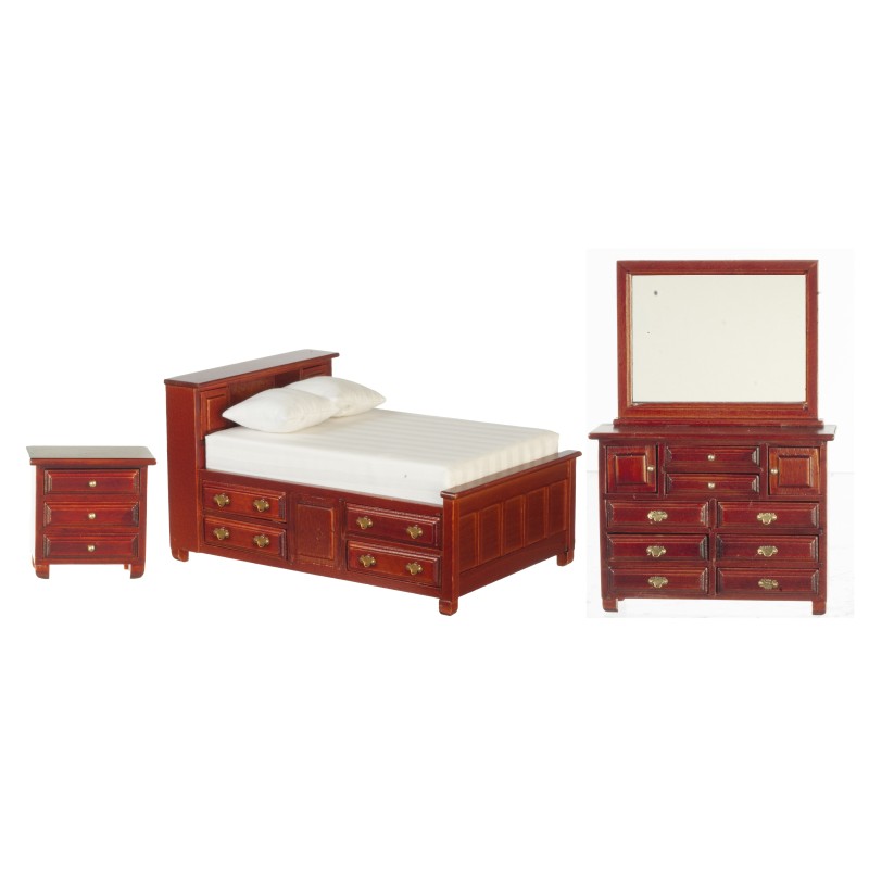 Dolls House Mahogany Double Bedroom Furniture Set With Storage Drawers 1:12