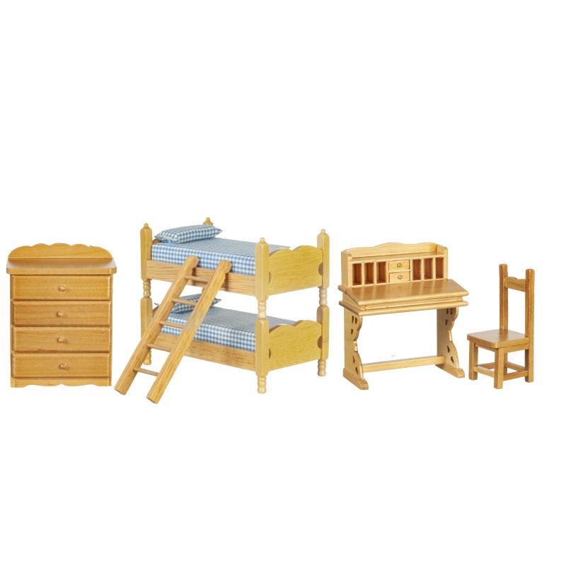 Dolls House Oak Bedroom Furniture Set with Bunk Bed & Desk Miniature 1:12 Scale