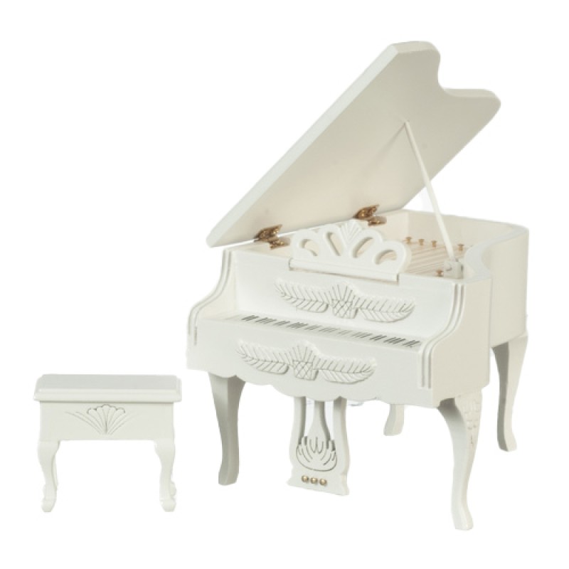 Dolls House White Carved Piano with Stool Miniature Music Room Furniture 1:12