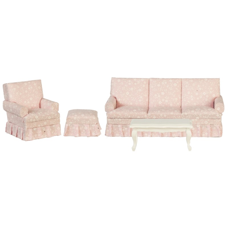 Dolls House Pink Floral Country Cottage Miniature Living Room Furniture Set 1:12