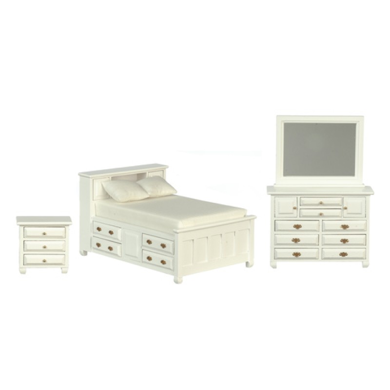 Dolls House White Double Bedroom Furniture Set With Storage Drawers 1:12 Scale