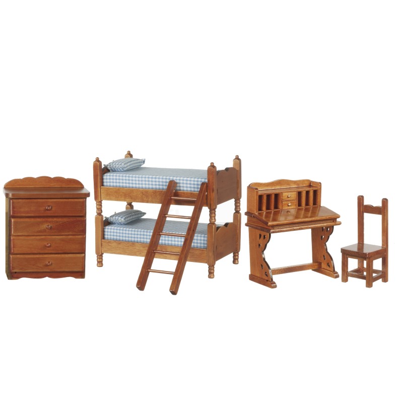 Dolls House Walnut Bedroom Furniture Set with Bunk Bed & Desk Miniature 1:12