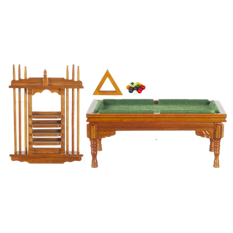 Dolls House Walnut Pool Snooker Table & Cue Stand Set 1:12 Pub Study Furniture