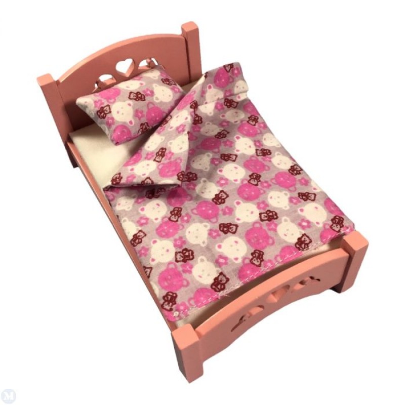 Dolls House Pink Single Bed with Teddy Bear Duvet Set 1:12 Bedroom Furniture