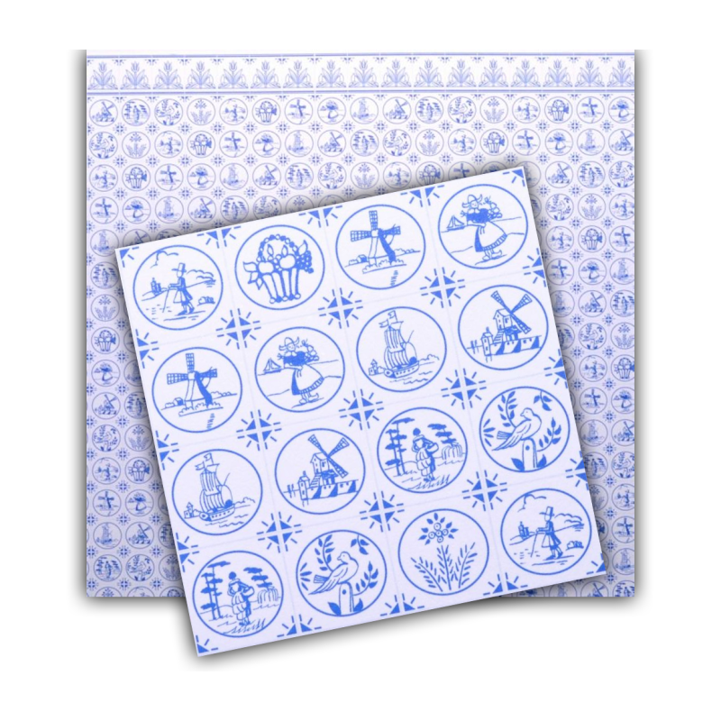 Dolls House Miniature Print Dutch Blue White Delft Tile Wallpaper