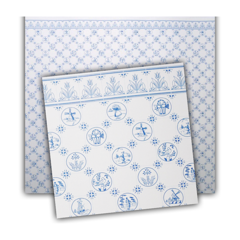 Dolls House Miniature Print Delft Dutch Blue & White Tile Wallpaper