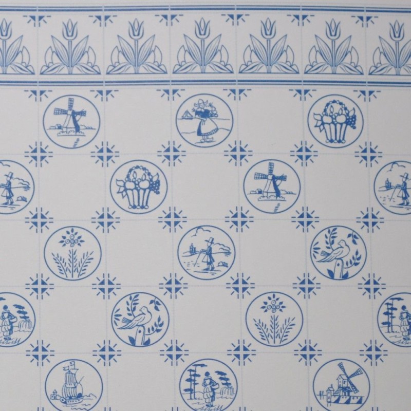 Dolls House Miniature Print Delft Dutch Blue & White Tile Wallpaper