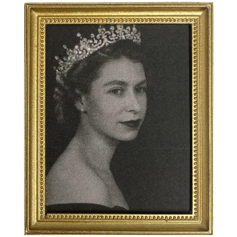 Dolls House Queen Elizabeth II in Crown Miniature Portrait Picture Gold Frame