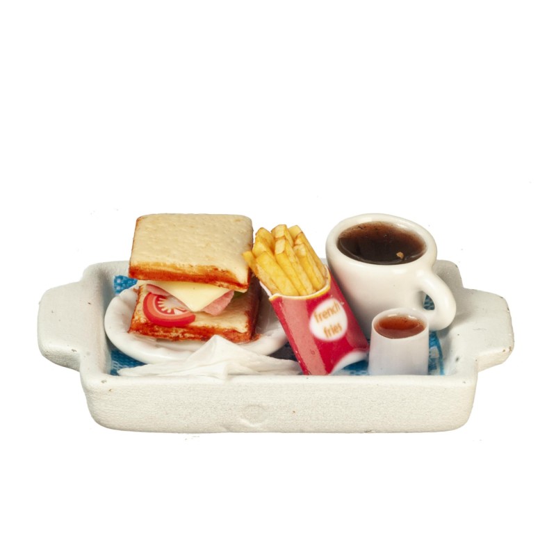 Dolls House Restaurant Tray with Sandwich Fries Coffee Cafe Food Diner Accessory