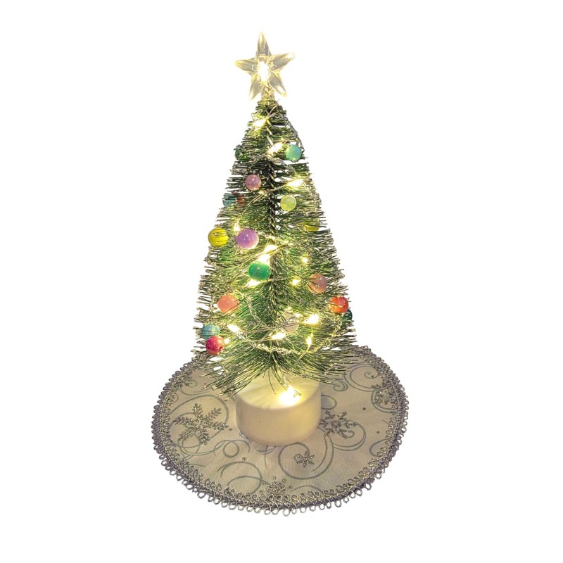 Dolls House Decorated Christmas Tree with 24 LED Lights & Silver & White Skirt