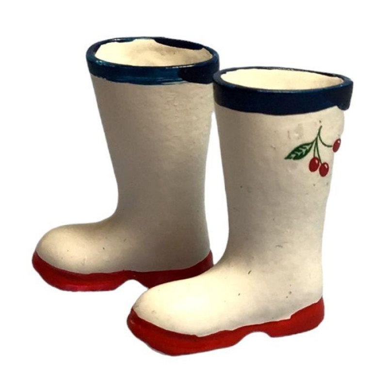 Dolls House White Wellington Boots Cherry Wellies Outdoor Garden Accessory