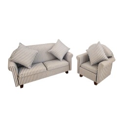 Dolls House Blue Striped Sofa & Armchair Modern Living Room Furniture Set 1:12