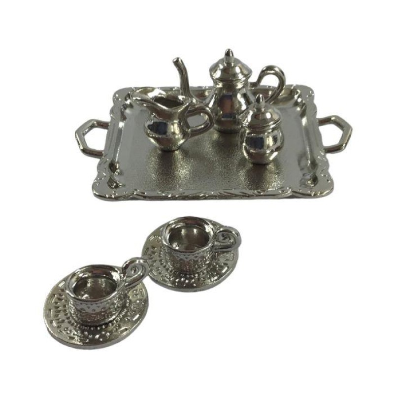 Dolls House Silver Tea Coffee Serving Set on Tray Dining Sitting Room Accessory