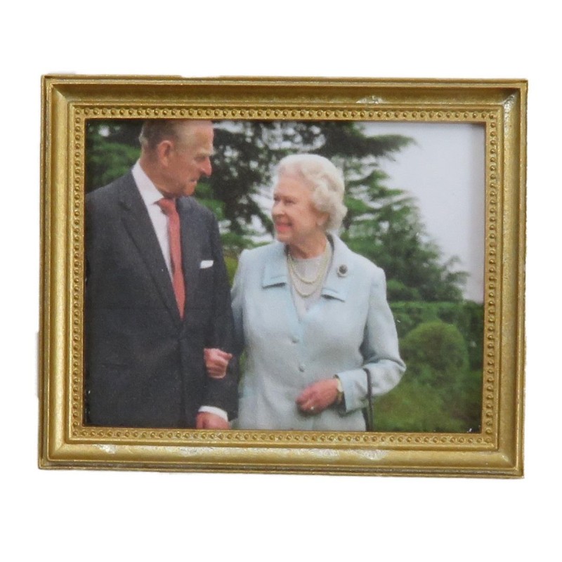 Dolls House Queen Elizabeth II & Prince Philip Portrait Picture 1:12 Gold Frame