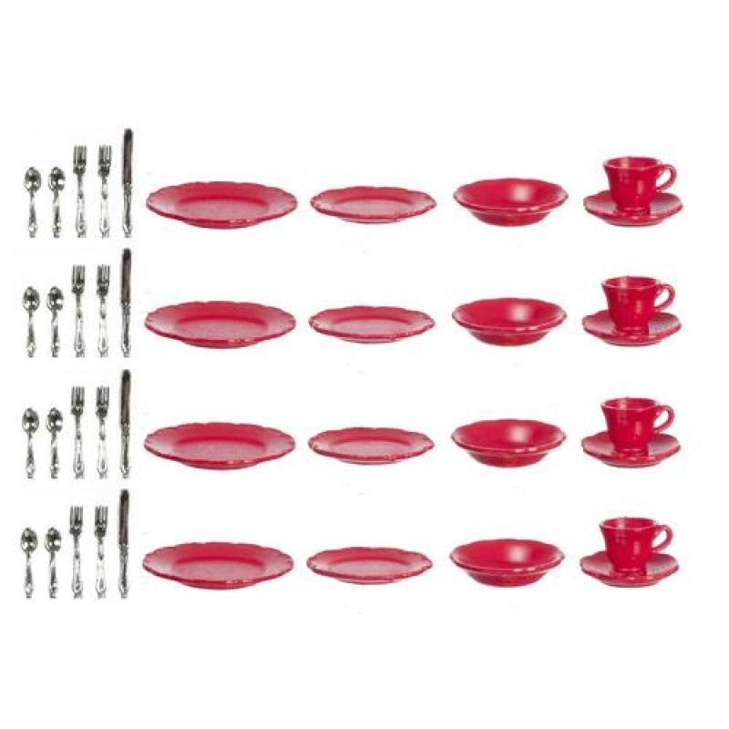 Dolls House Red Dinner Set 4 Place Settings Dining Room Accessory Plastic 40 Pcs