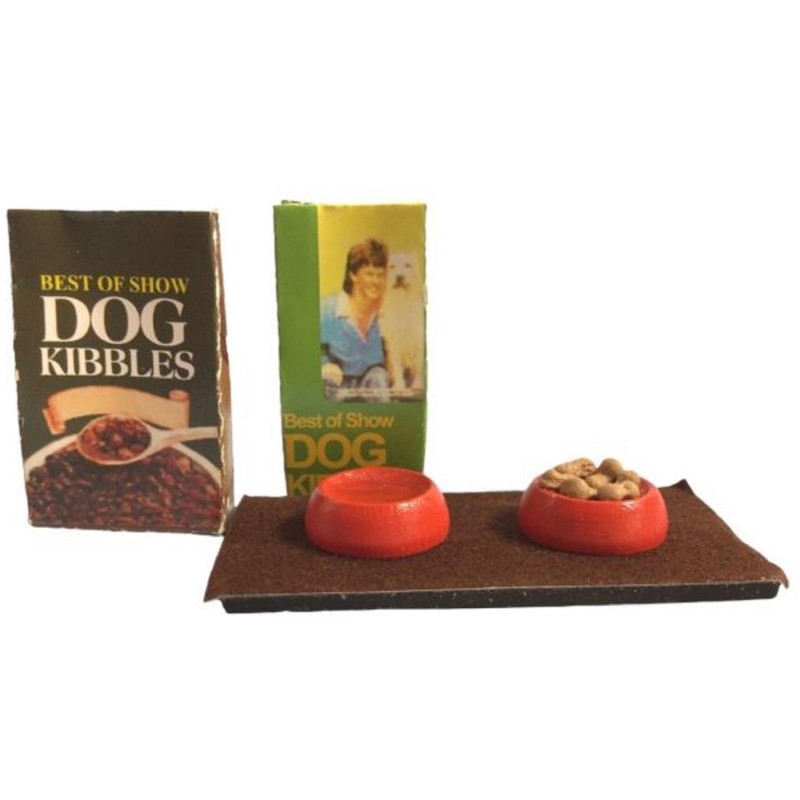 Dolls House Dog Food & Bowls Dishes on Feeding Board Pet Shop Kitchen Accessory