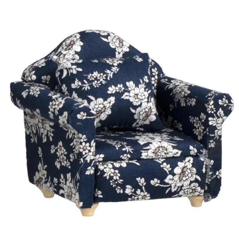 Dolls House Navy Blue & White Floral Club Armchair Modern Living Room Furniture