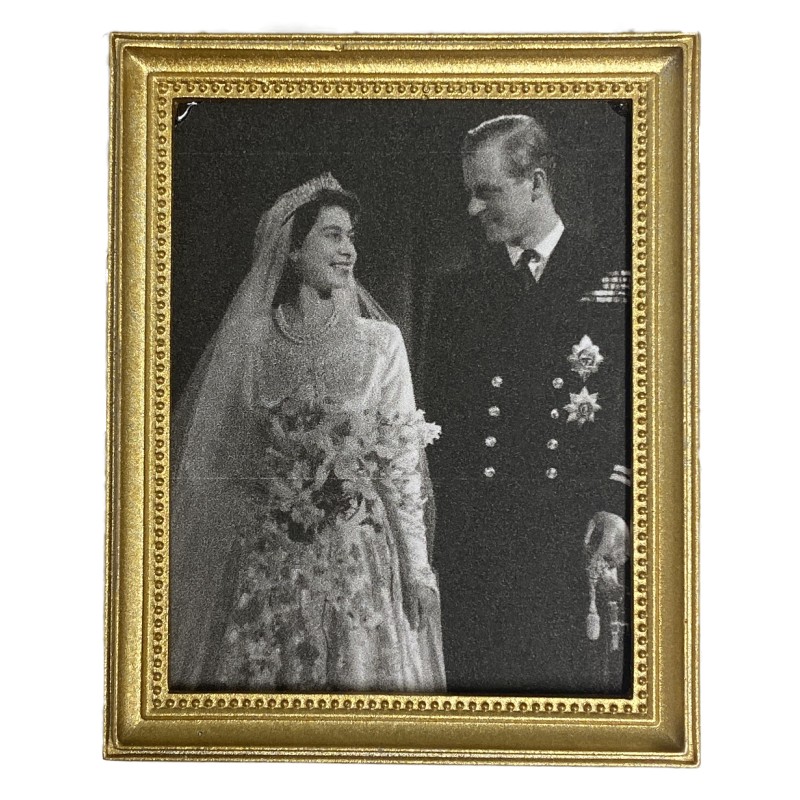 Dolls House Queen Elizabeth II & Prince Philip Wedding Portrait Picture in Frame