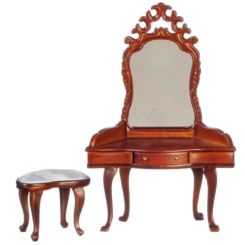 Dolls House Vanity Dressing Table & Stool Walnut Miniature Bedroom Furniture