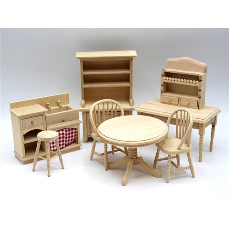 Dolls House Unfinished Kitchen Furniture Set Old Fashioned Bare Wood 1:12 Scale