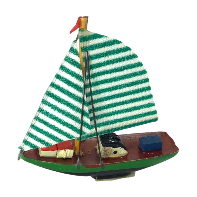 Dolls House Green Striped Classic Racing Yacht Sailing Boat Ornament Accessory
