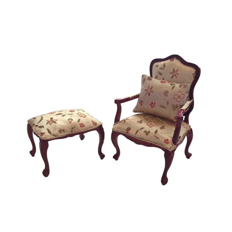 Dolls House Armchair & Footstool Mahogany & Gold Victorian Living Room Furniture