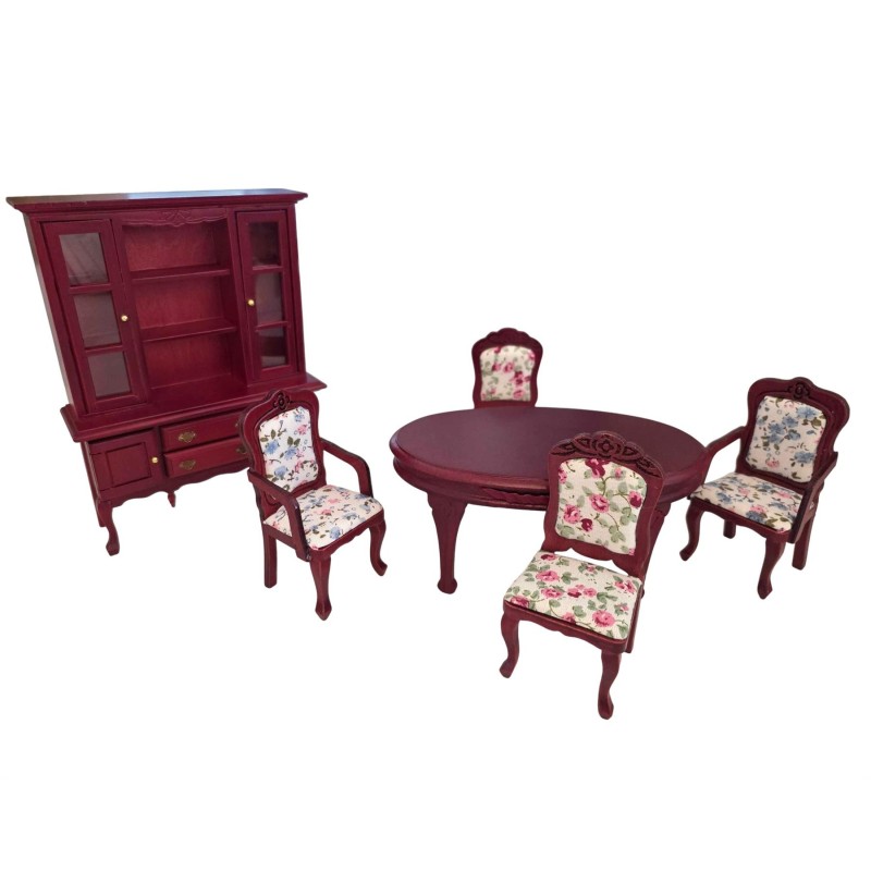 Dolls House Dining Room Furniture Set Victorian Style Mahogany & Chintz Suite