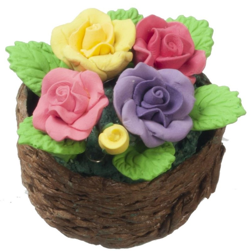 Dolls House Pastel Roses Flower Floral Display Basket 1:12 Home Garden Accessory