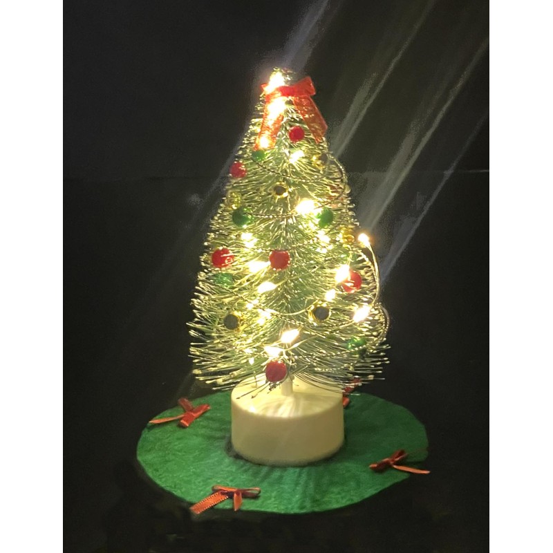 Dolls House Decorated Christmas Tree with 24 LED Lights Red Bows Green Skirt