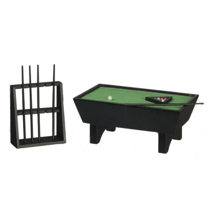 Dolls House Pool Table w Triangle Balls Cues & Stand Black Miniature Furniture