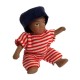 Dolls House Baby in Red Striped Romper & Denim Hat 1:12 Porcelain Doll People