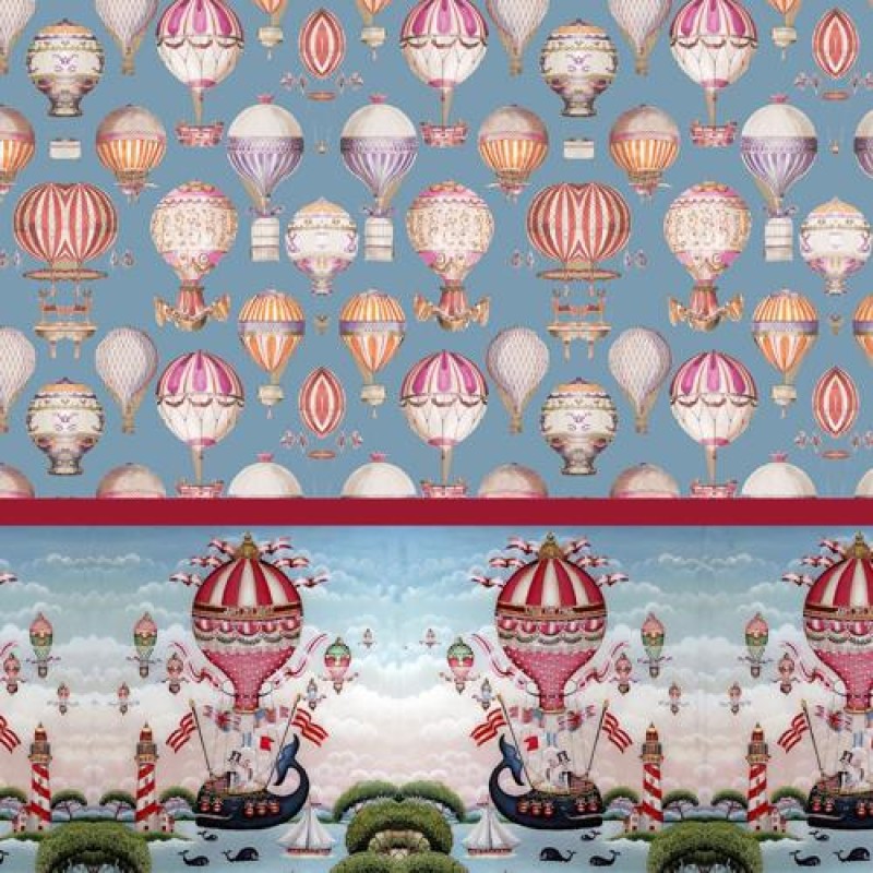 Dolls House Wallpaper Vintage Hot Air Balloons with Frieze 1/2in 1:24 Scale
