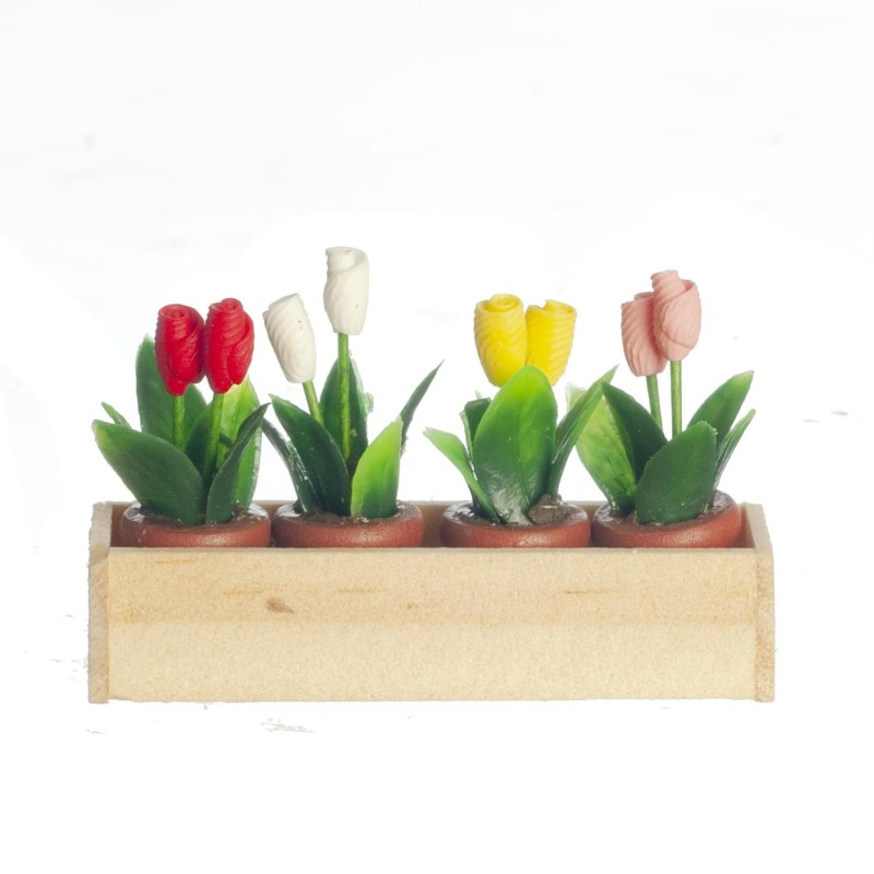 Dolls House Pots of Tulips in Natural Wood Window Box Miniature Garden Accessory